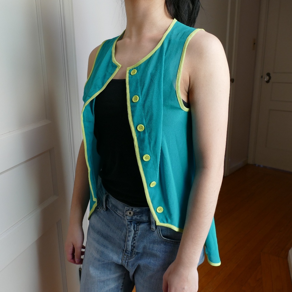 Neon Blue/Green Button-Up Top